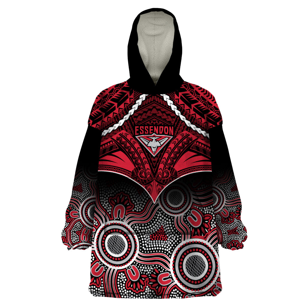 Personalised Essendon Football Wearable Blanket Hoodie Bombers Aboriginal Mix Polynesian Pattern LT14