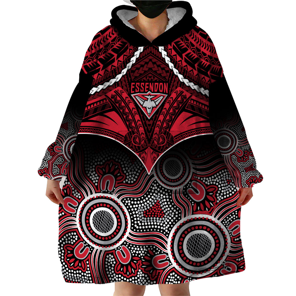 Personalised Essendon Football Wearable Blanket Hoodie Bombers Aboriginal Mix Polynesian Pattern LT14