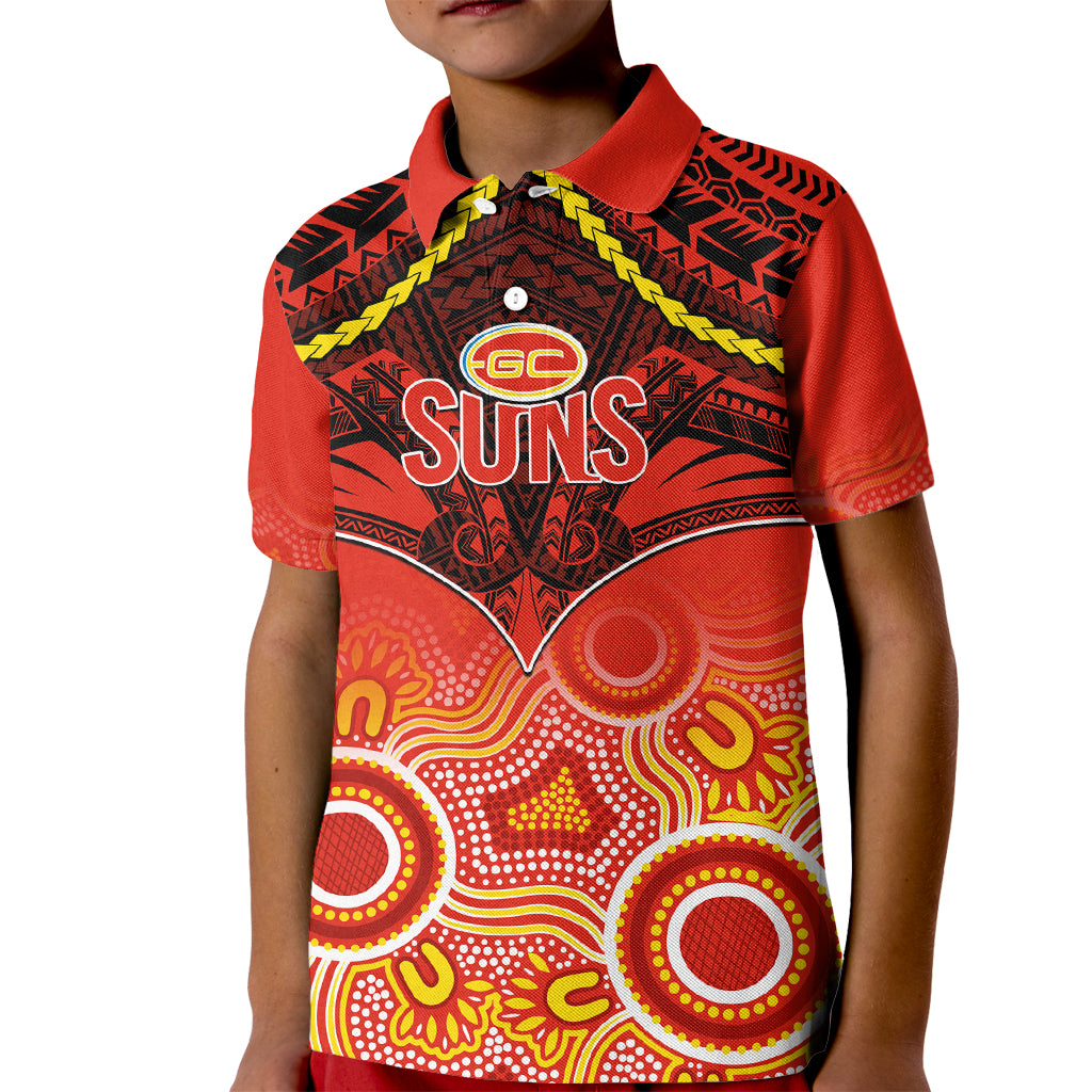Gold Coast Football Kid Polo Shirt Suns Aboriginal Mix Polynesian Pattern LT14