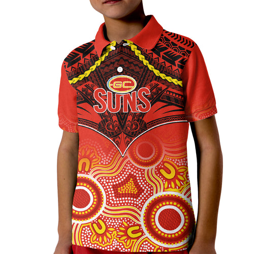 Gold Coast Football Kid Polo Shirt Suns Aboriginal Mix Polynesian Pattern LT14