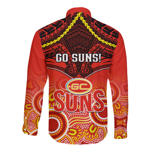 Gold Coast Football Long Sleeve Button Shirt Suns Aboriginal Mix Polynesian Pattern LT14