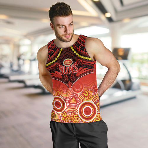 Gold Coast Football Men Tank Top Suns Aboriginal Mix Polynesian Pattern LT14
