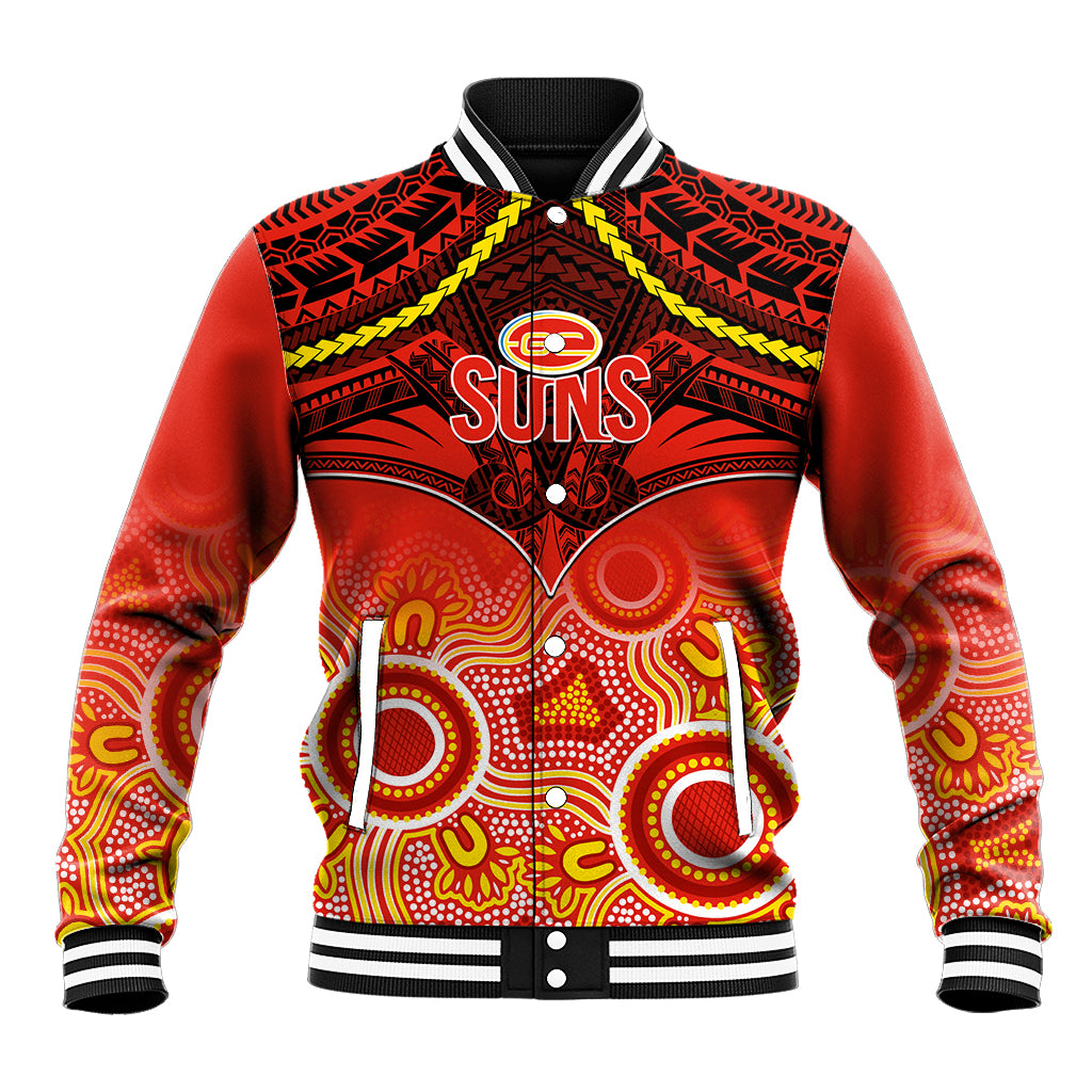 Personalised Gold Coast Football Baseball Jacket Suns Aboriginal Mix Polynesian Pattern LT14