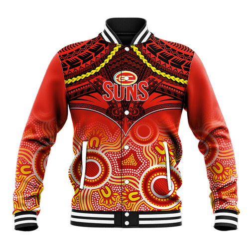 Personalised Gold Coast Football Baseball Jacket Suns Aboriginal Mix Polynesian Pattern LT14