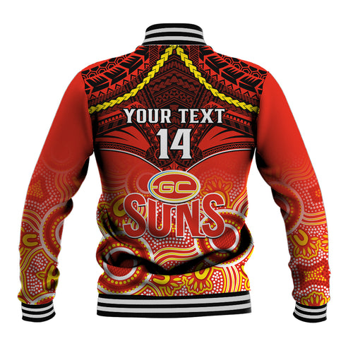 Personalised Gold Coast Football Baseball Jacket Suns Aboriginal Mix Polynesian Pattern LT14