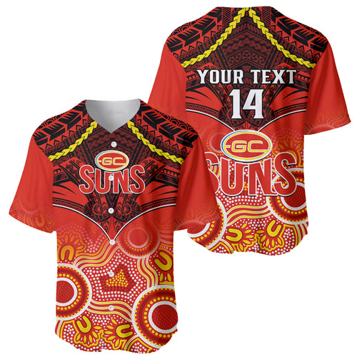 Personalised Gold Coast Football Baseball Jersey Suns Aboriginal Mix Polynesian Pattern LT14