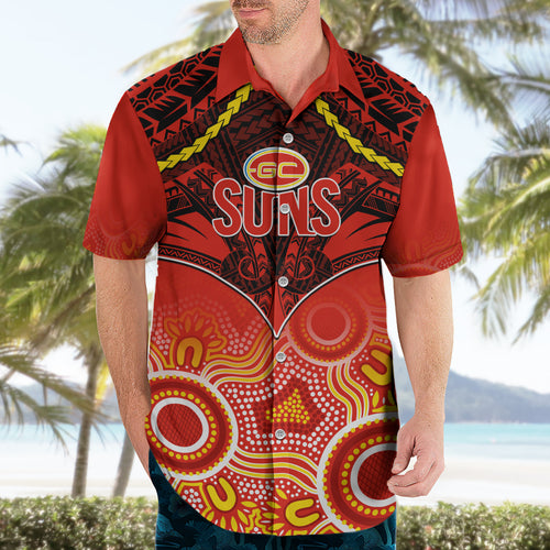 Personalised Gold Coast Football Hawaiian Shirt Suns Aboriginal Mix Polynesian Pattern LT14