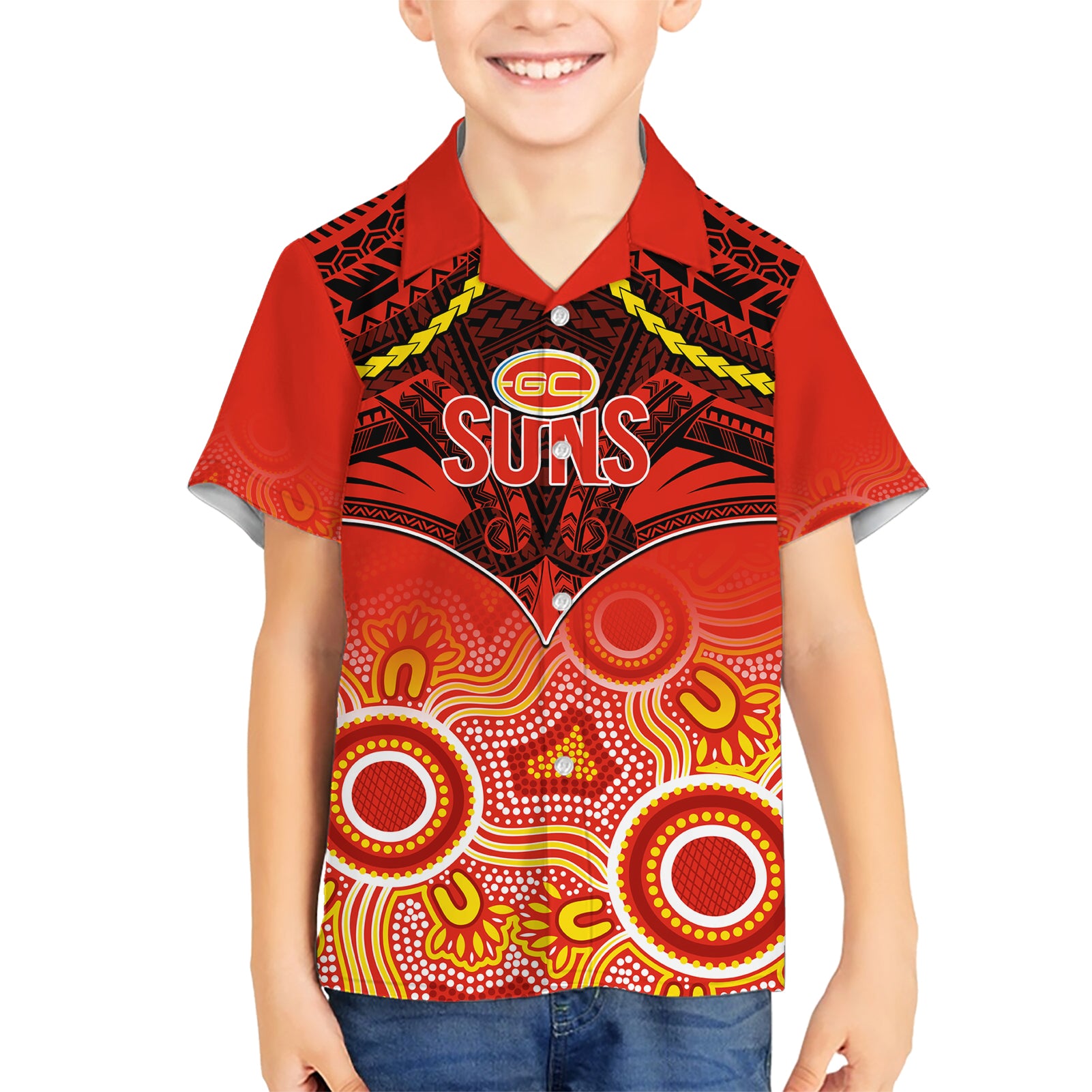Personalised Gold Coast Football Hawaiian Shirt Suns Aboriginal Mix Polynesian Pattern LT14