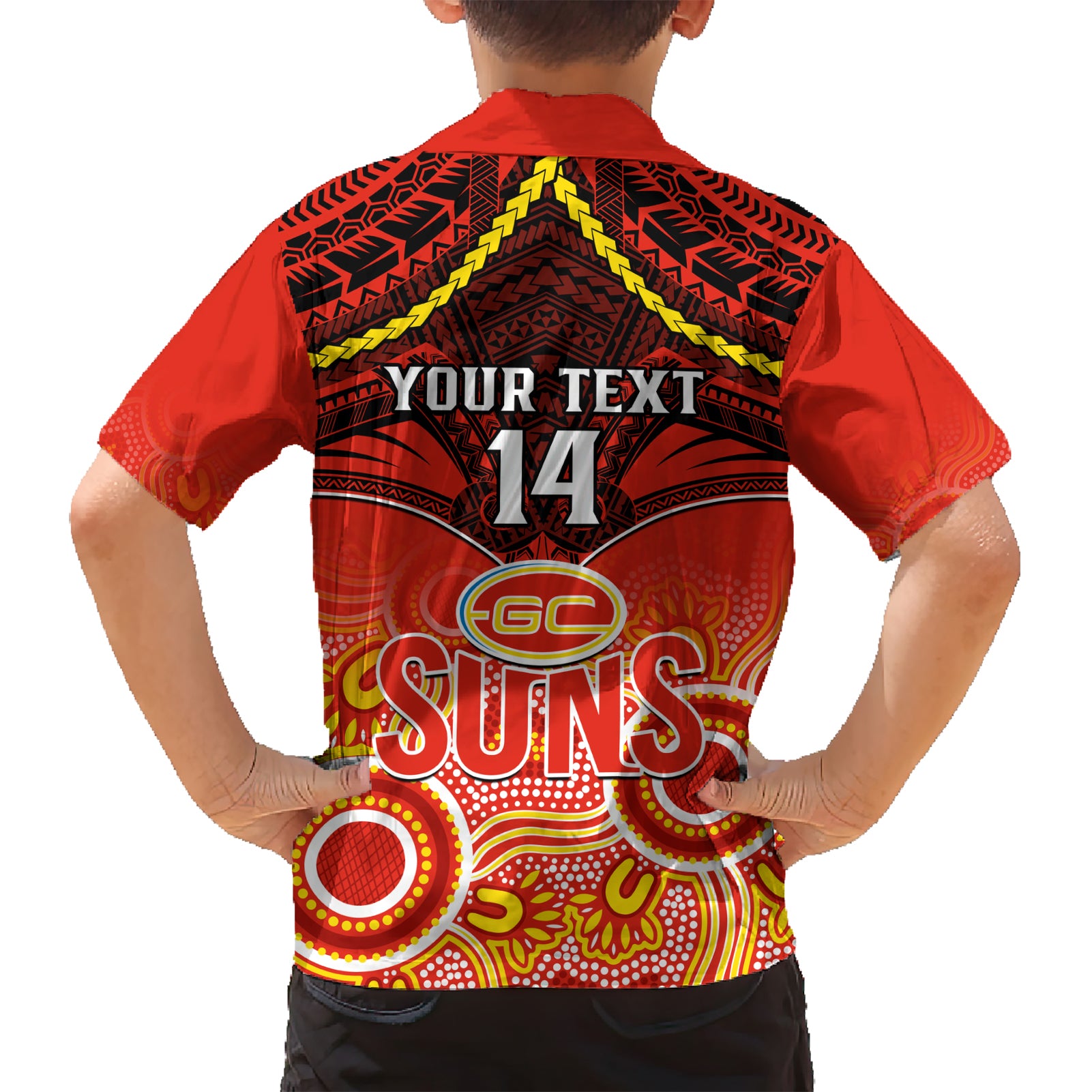 Personalised Gold Coast Football Hawaiian Shirt Suns Aboriginal Mix Polynesian Pattern LT14