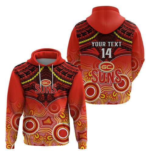 Personalised Gold Coast Football Hoodie Suns Aboriginal Mix Polynesian Pattern LT14