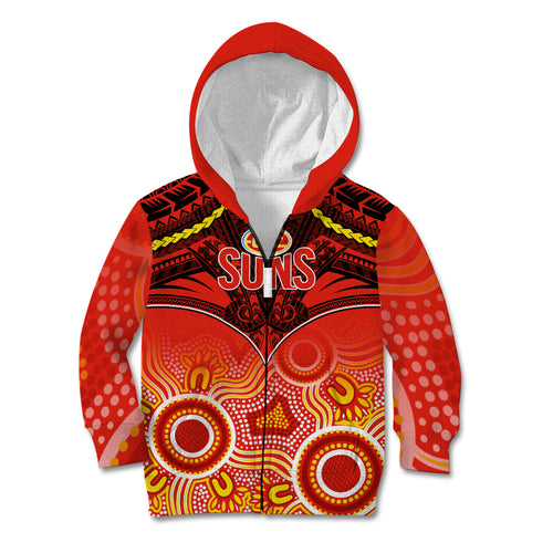 Personalised Gold Coast Football Kid Hoodie Suns Aboriginal Mix Polynesian Pattern LT14