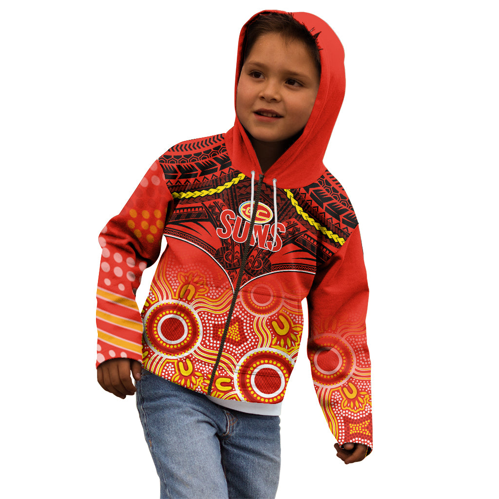 Personalised Gold Coast Football Kid Hoodie Suns Aboriginal Mix Polynesian Pattern LT14