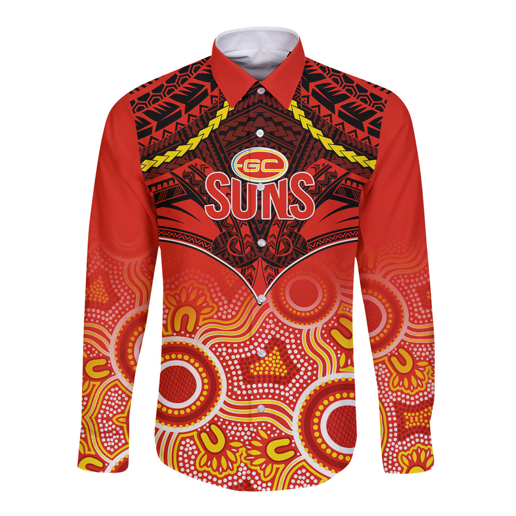 Personalised Gold Coast Football Long Sleeve Button Shirt Suns Aboriginal Mix Polynesian Pattern LT14