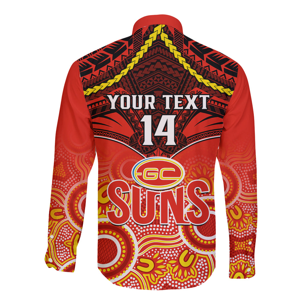 Personalised Gold Coast Football Long Sleeve Button Shirt Suns Aboriginal Mix Polynesian Pattern LT14