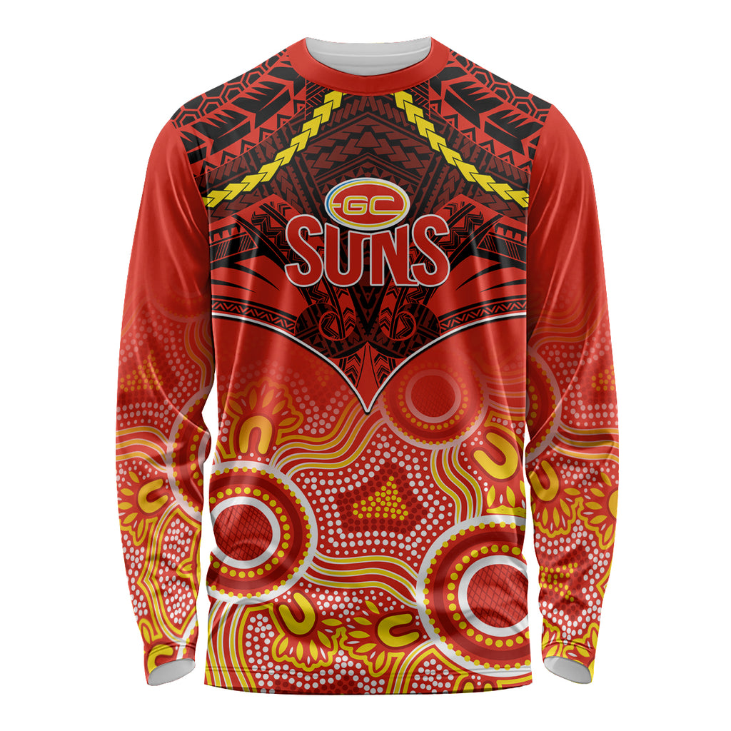 Personalised Gold Coast Football Long Sleeve Shirt Suns Aboriginal Mix Polynesian Pattern LT14