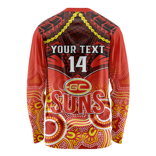 Personalised Gold Coast Football Long Sleeve Shirt Suns Aboriginal Mix Polynesian Pattern LT14