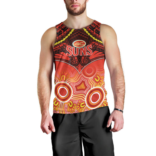 Personalised Gold Coast Football Men Tank Top Suns Aboriginal Mix Polynesian Pattern LT14