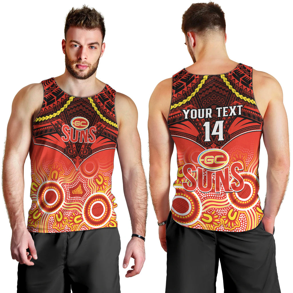 Personalised Gold Coast Football Men Tank Top Suns Aboriginal Mix Polynesian Pattern LT14
