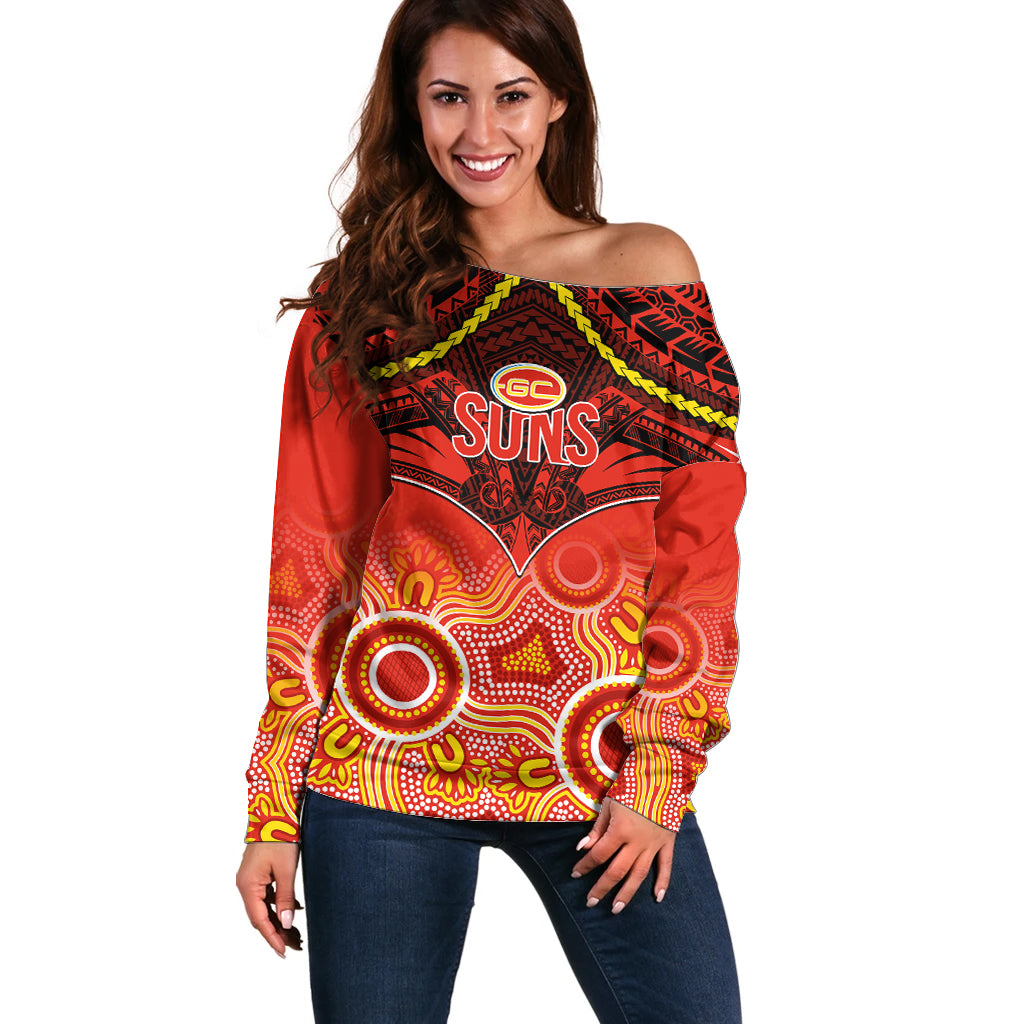 Personalised Gold Coast Football Off Shoulder Sweater Suns Aboriginal Mix Polynesian Pattern LT14