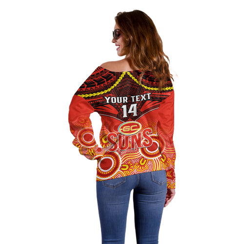 Personalised Gold Coast Football Off Shoulder Sweater Suns Aboriginal Mix Polynesian Pattern LT14