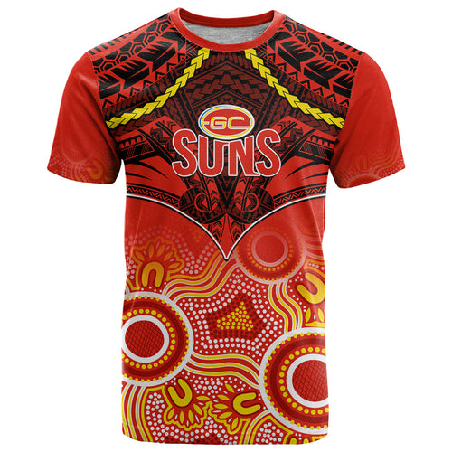 Personalised Gold Coast Football T Shirt Suns Aboriginal Mix Polynesian Pattern LT14