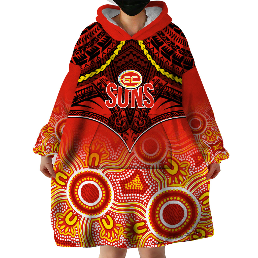 Personalised Gold Coast Football Wearable Blanket Hoodie Suns Aboriginal Mix Polynesian Pattern LT14