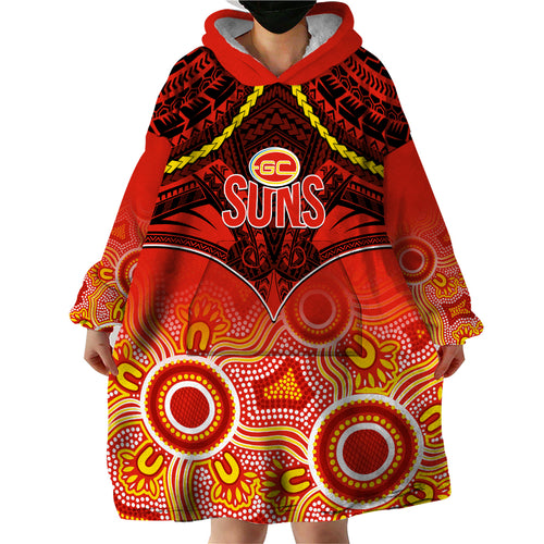 Personalised Gold Coast Football Wearable Blanket Hoodie Suns Aboriginal Mix Polynesian Pattern LT14
