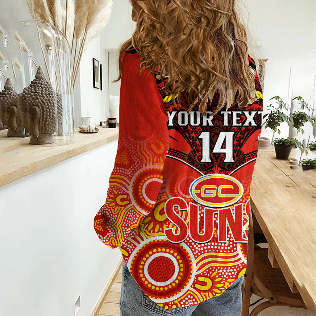 Personalised Gold Coast Football Women Casual Shirt Suns Aboriginal Mix Polynesian Pattern LT14