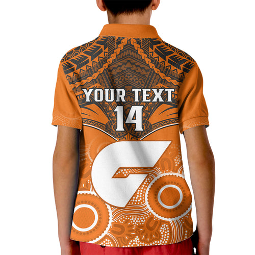 Personalised Giants Football Kid Polo Shirt GWS Aboriginal Mix Polynesian Pattern LT14