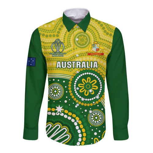 personalised-australia-cricket-long-sleeve-button-shirt-aboriginal-2023-go-champions-world-cup