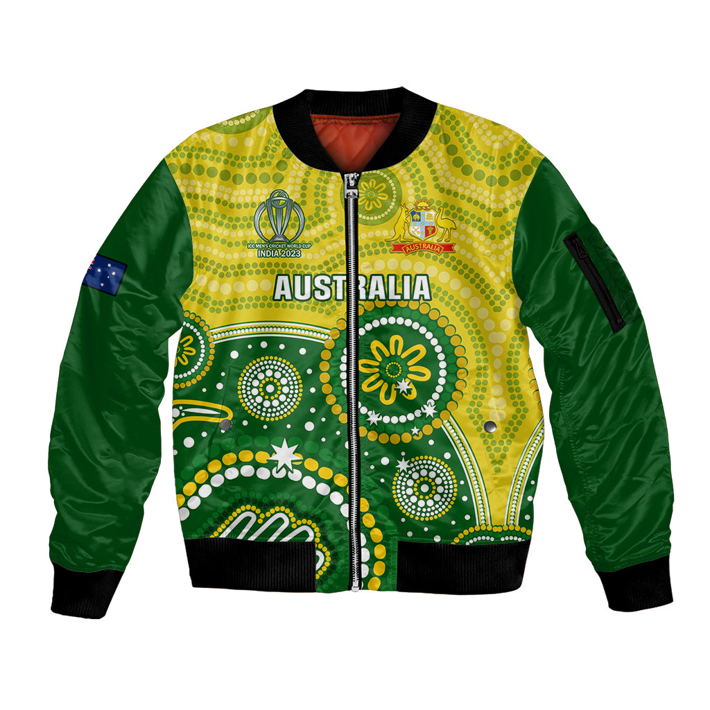 personalised-australia-cricket-sleeve-zip-bomber-jacket-aboriginal-2023-go-champions-world-cup