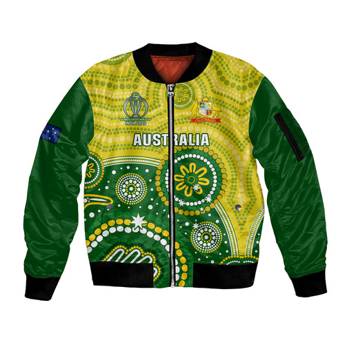 personalised-australia-cricket-sleeve-zip-bomber-jacket-aboriginal-2023-go-champions-world-cup