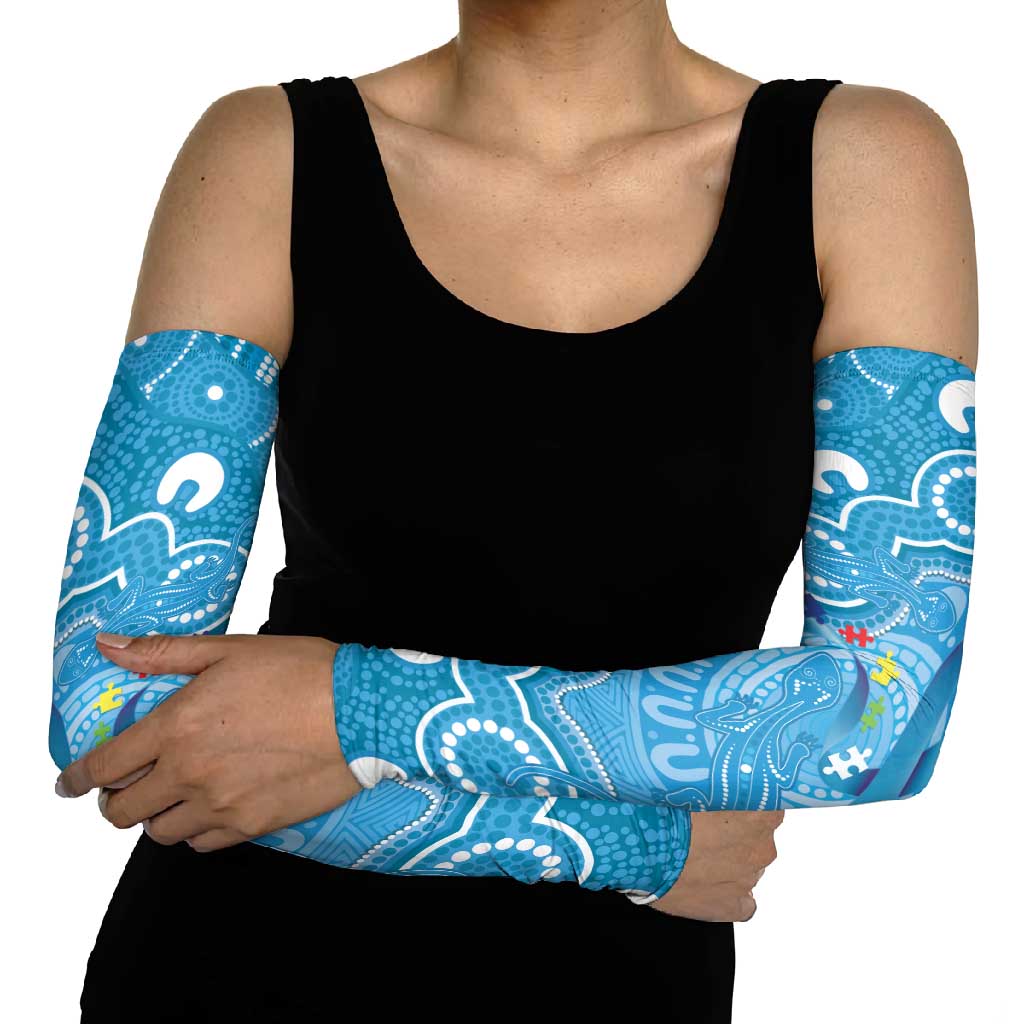 Australia Indigenous Arm Sleeves Blue Ribbon Lizards Autism Awareness - Aussie Hoodie