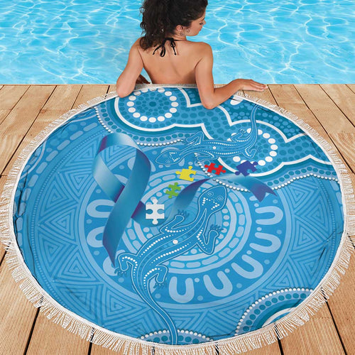 Australia Indigenous Beach Blanket Blue Ribbon Lizards Autism Awareness - Aussie Hoodie