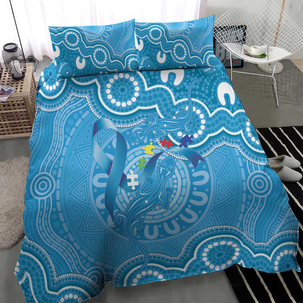 Australia Indigenous Bedding Set Blue Ribbon Lizards Autism Awareness - Aussie Hoodie