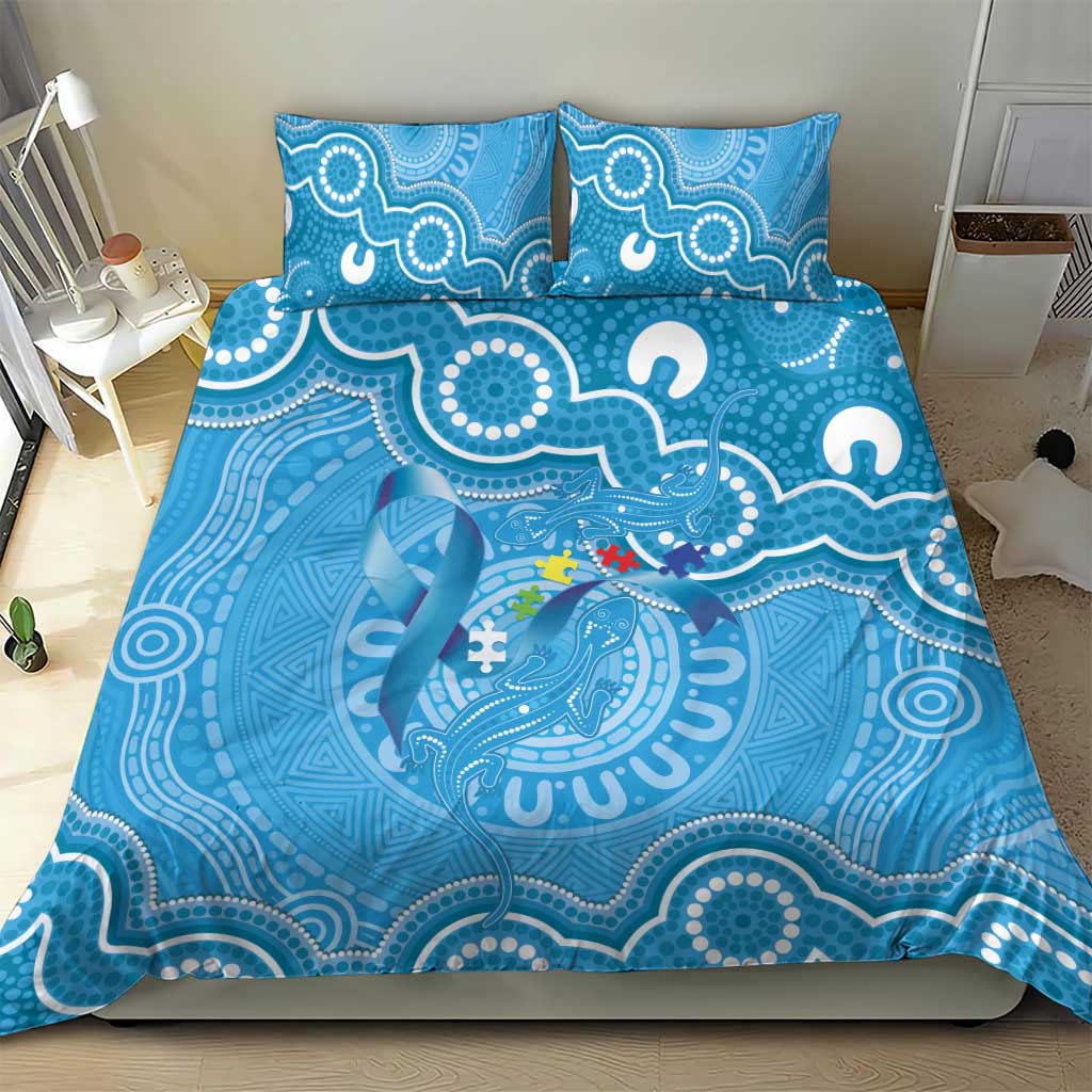 Australia Indigenous Bedding Set Blue Ribbon Lizards Autism Awareness - Aussie Hoodie