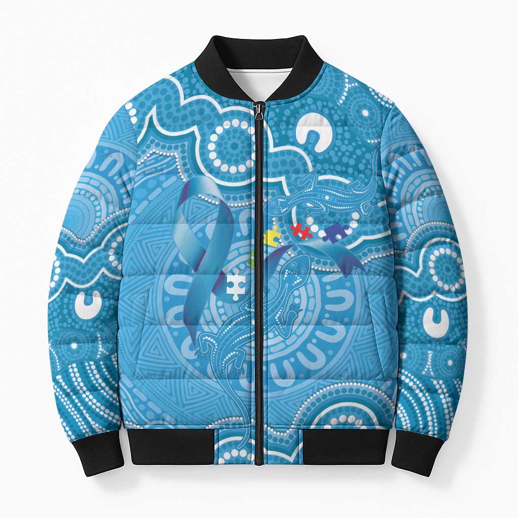 Australia Indigenous Bomber Puffer Jacket Blue Ribbon Lizards Autism Awareness - Aussie Hoodie