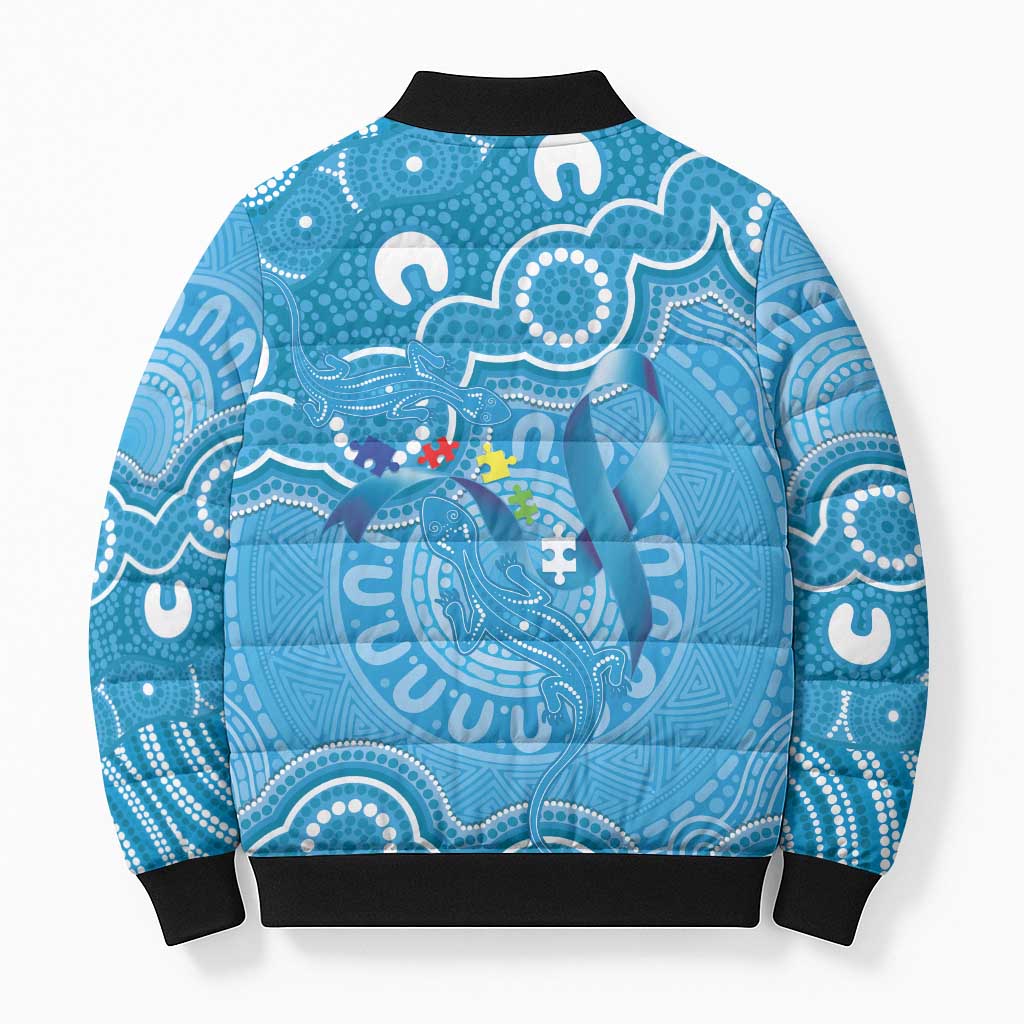 Australia Indigenous Bomber Puffer Jacket Blue Ribbon Lizards Autism Awareness - Aussie Hoodie
