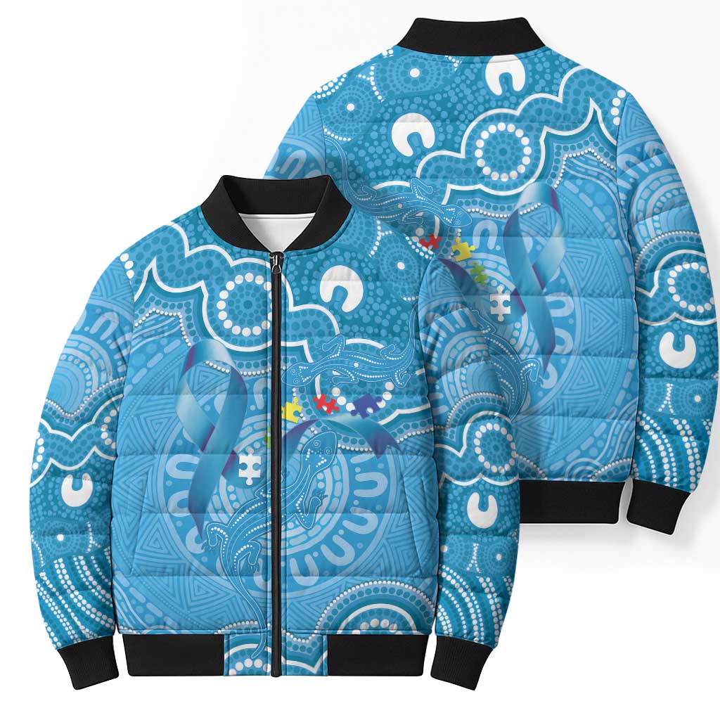 Australia Indigenous Bomber Puffer Jacket Blue Ribbon Lizards Autism Awareness - Aussie Hoodie