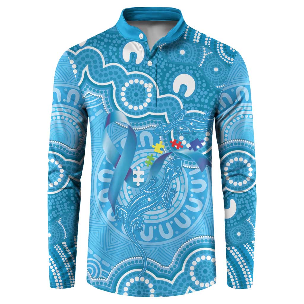 Australia Indigenous Button Sweatshirt Blue Ribbon Lizards Autism Awareness - Aussie Hoodie