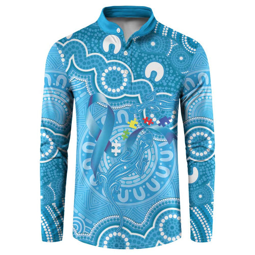 Australia Indigenous Button Sweatshirt Blue Ribbon Lizards Autism Awareness - Aussie Hoodie