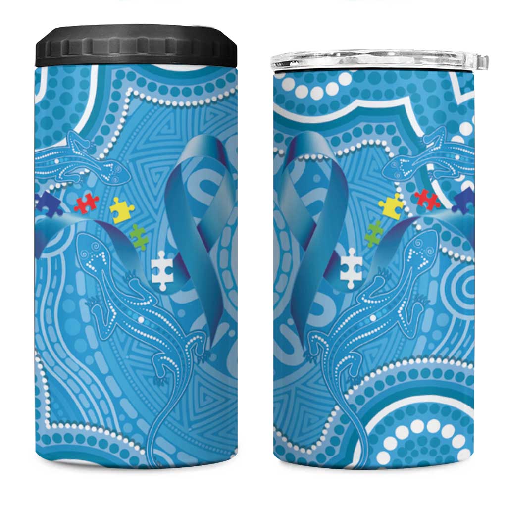 Australia Indigenous 4 in 1 Can Cooler Tumbler Blue Ribbon Lizards Autism Awareness - Aussie Hoodie