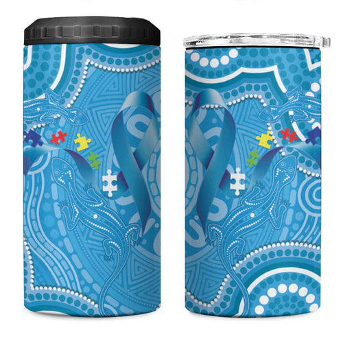 Australia Indigenous 4 in 1 Can Cooler Tumbler Blue Ribbon Lizards Autism Awareness - Aussie Hoodie