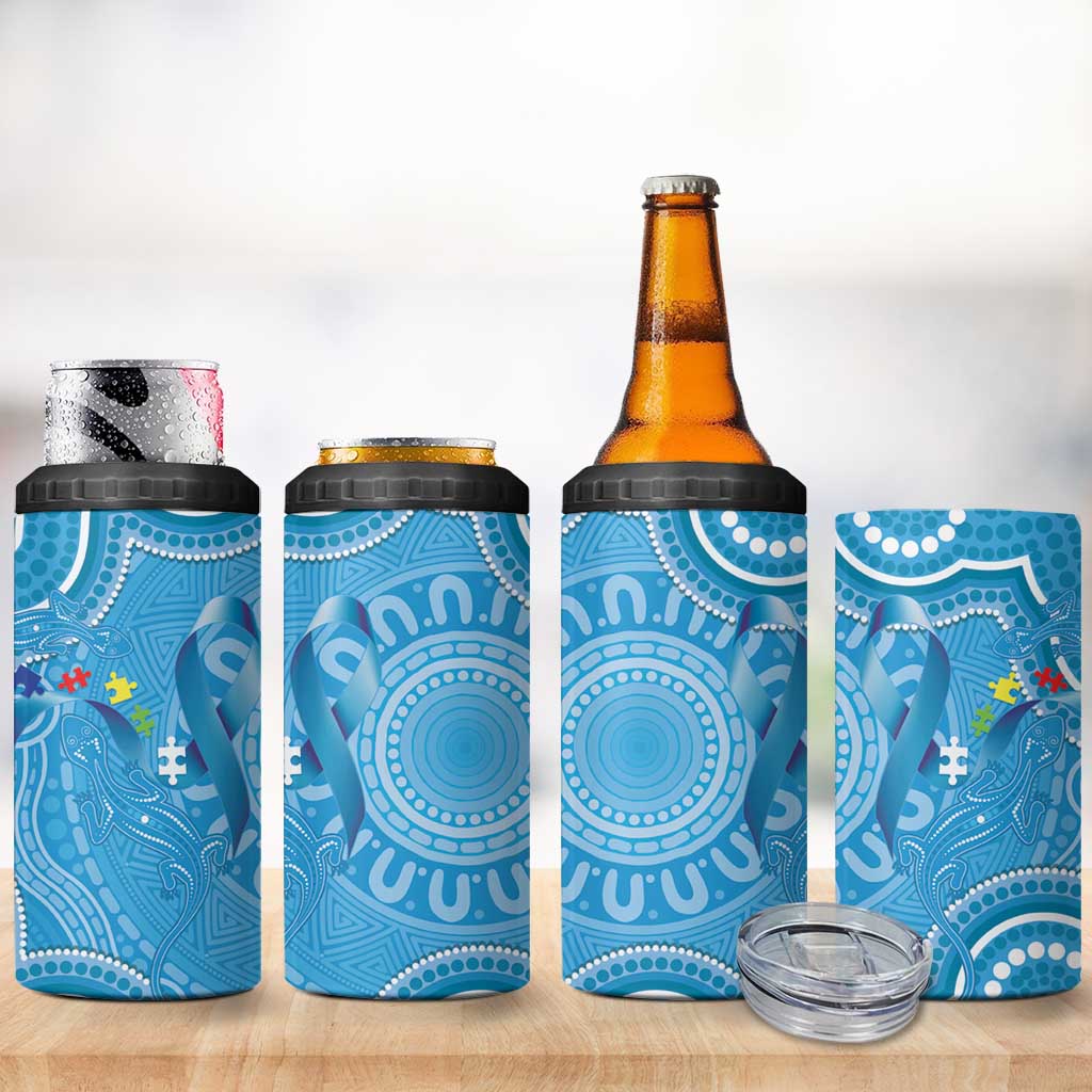 Australia Indigenous 4 in 1 Can Cooler Tumbler Blue Ribbon Lizards Autism Awareness - Aussie Hoodie