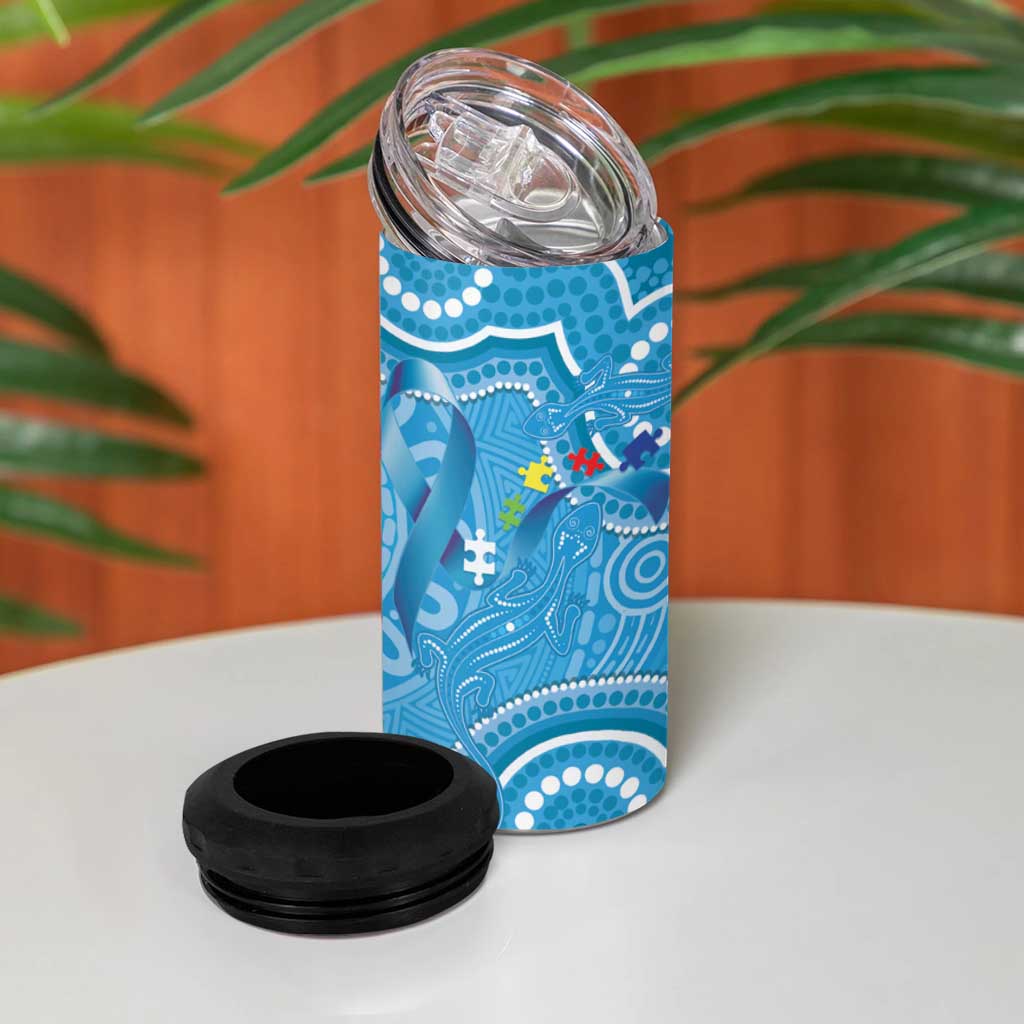 Australia Indigenous 4 in 1 Can Cooler Tumbler Blue Ribbon Lizards Autism Awareness - Aussie Hoodie