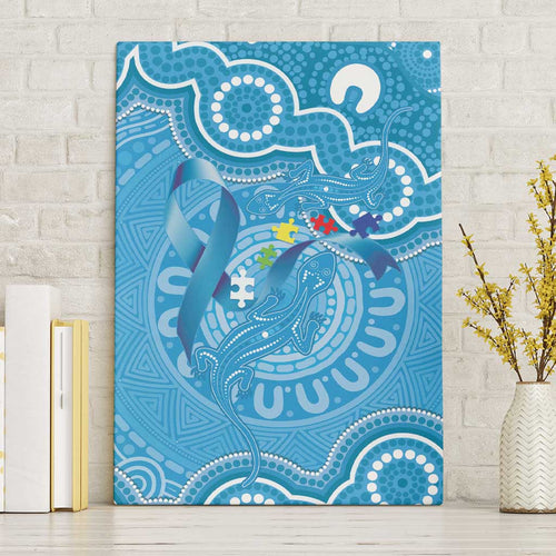 Australia Indigenous Canvas Wall Art Blue Ribbon Lizards Autism Awareness - Aussie Hoodie