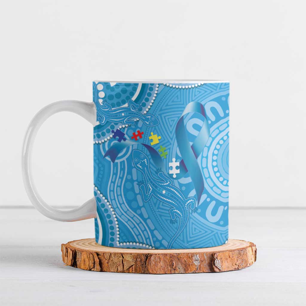 Australia Indigenous Ceramic Mug Blue Ribbon Lizards Autism Awareness - Aussie Hoodie