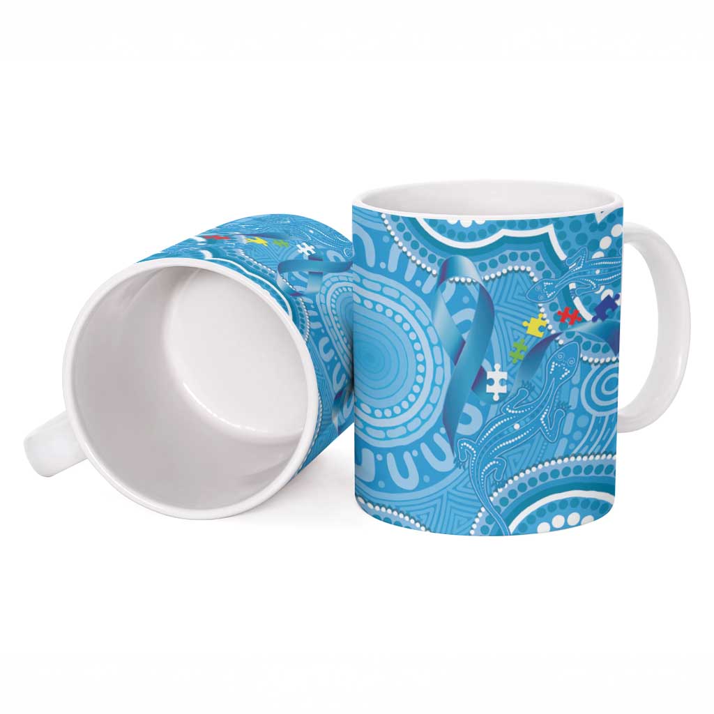 Australia Indigenous Ceramic Mug Blue Ribbon Lizards Autism Awareness - Aussie Hoodie