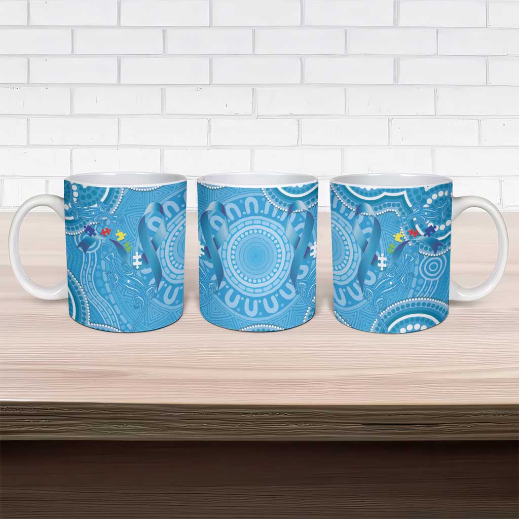 Australia Indigenous Ceramic Mug Blue Ribbon Lizards Autism Awareness - Aussie Hoodie