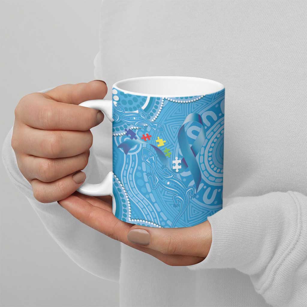 Australia Indigenous Ceramic Mug Blue Ribbon Lizards Autism Awareness - Aussie Hoodie